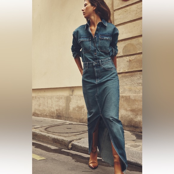 Zara set Long front Slit Denim High waist Skirt & Jacket Indigo Dark Blue S NWT - Picture 3 of 16